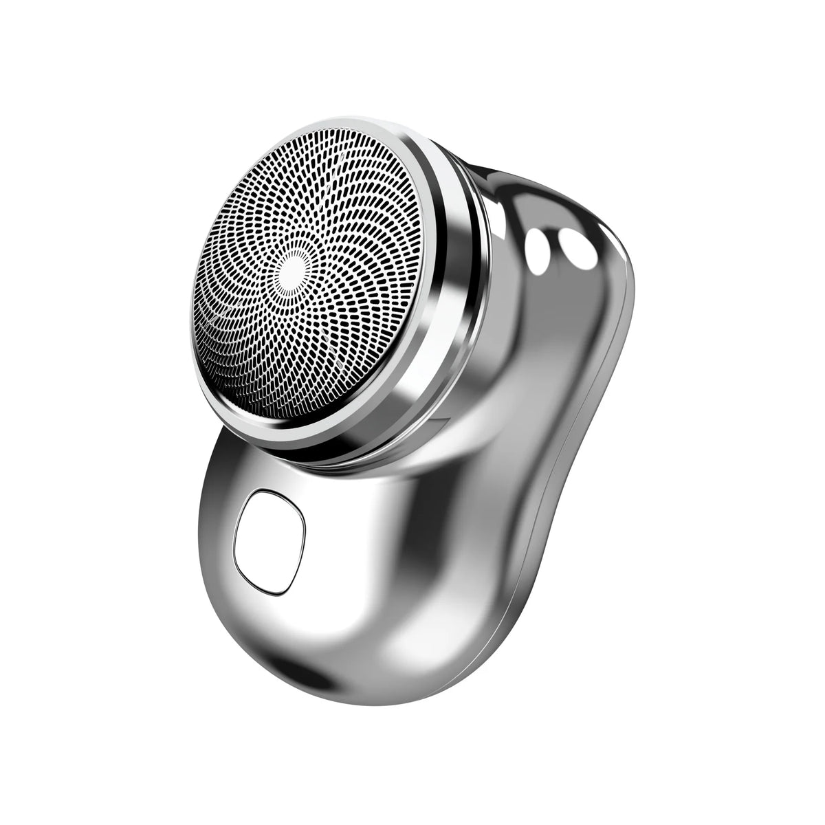 A close-up view of a silver electric shaver with a mesh head and body, shown against a white background.
