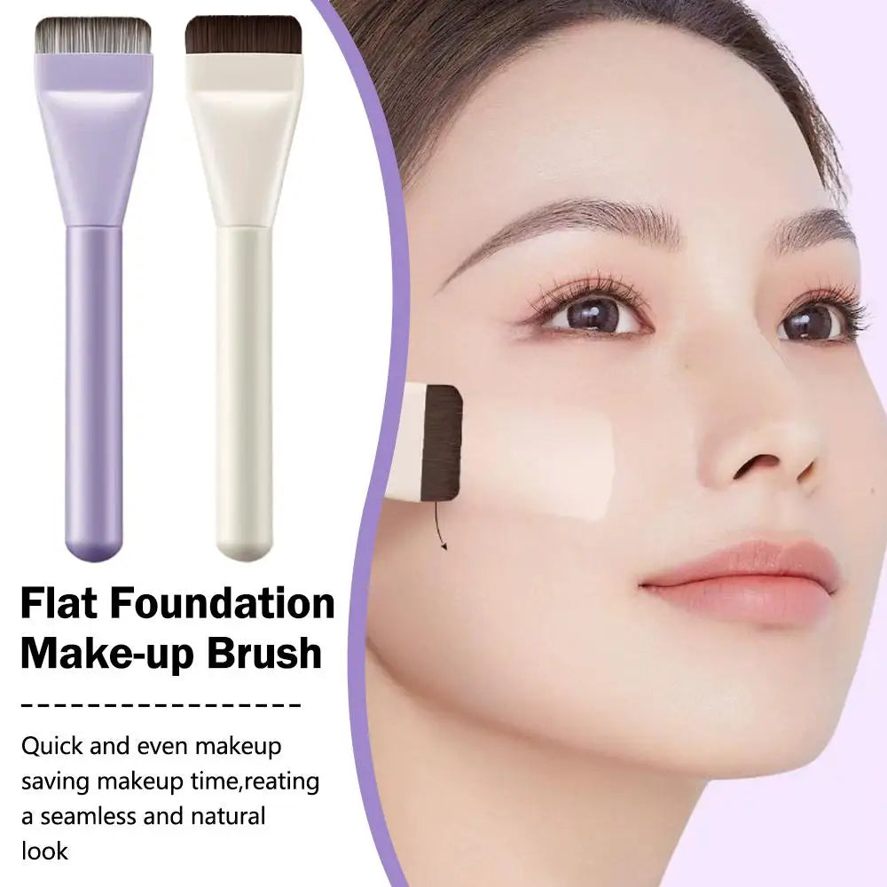 A flat foundation make-up brush shown next to a cosmetic pad being applied to a woman's face.