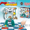 A box and components for a poop game featuring a toilet and catapult launcher for indoor fun.