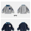 Grey and navy boys' fleece pullover sweatshirts with denim collars and contrasting sleeves