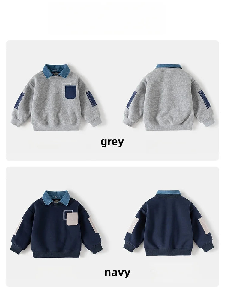 Grey and navy boys' fleece pullover sweatshirts with denim collars and contrasting sleeves