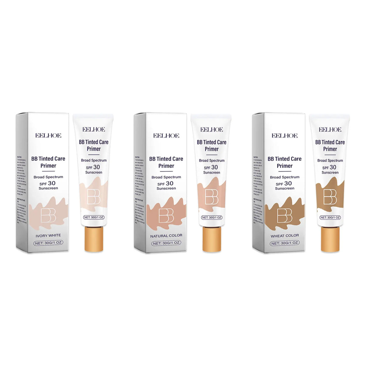 En rad med fem BB Tinted Care Primere i ulike nyanser, inkludert Ivory White og Wheat Color.