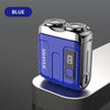 Una afeitadora eléctrica recargable mini USB azul con pantalla digital sobre una superficie gris.
