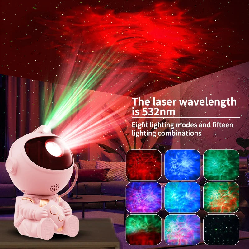 A pink astronaut projector casts red and green laser light beams onto a surface, displaying various galaxy lighting modes.