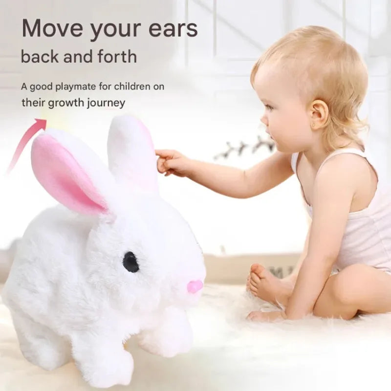 A baby is interacting with a white plush bunny toy designed to move back and forth for children's growth journey.