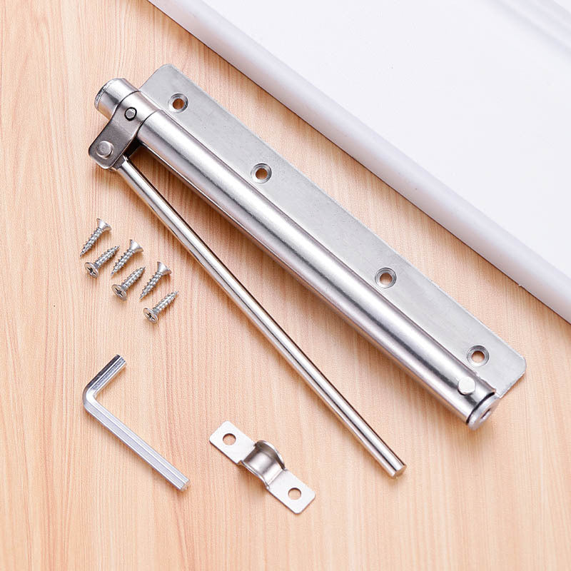 Stainless steel automatic door closer with an invisible spring mechanism and mounting hardware