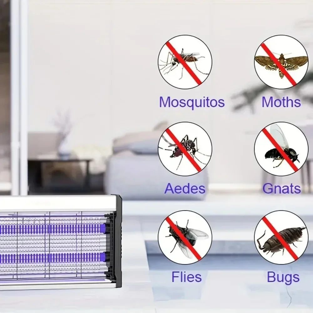 An electric mosquito killer lamp with a UV light trap showing various insects like mosquitoes, moths, aedes, gnats, flies, an