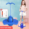 A young girl is using a blue frog jump bouncing ball for balance and coordination training with an inflator needle and platfo