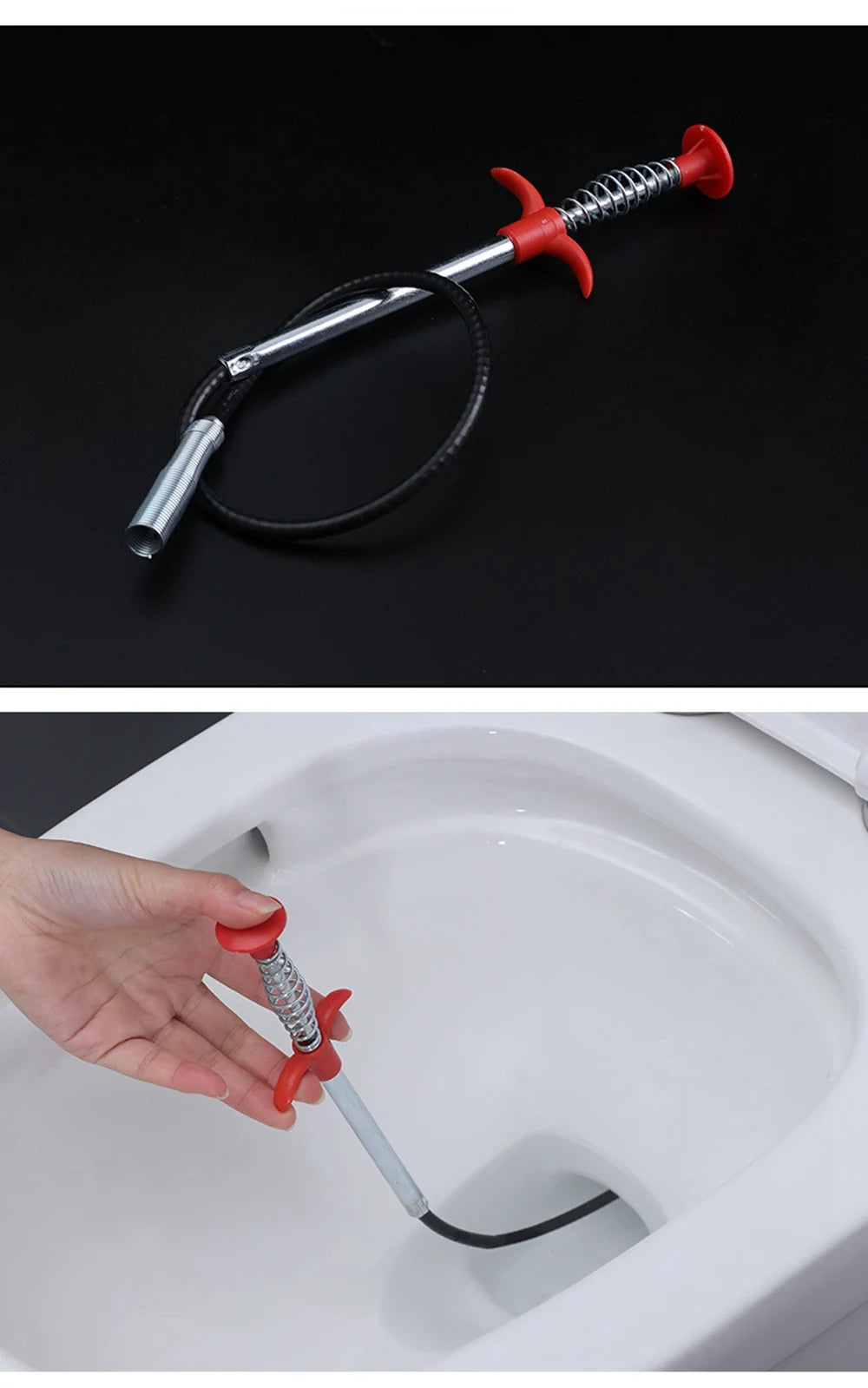 A hand is using a flexible drain snake tool with a red handle and metal tip to clear a clog in a toilet bowl.