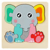 A wooden jigsaw puzzle featuring a gray elephant with colorful ears and body parts.