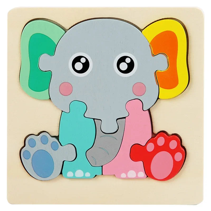 A wooden jigsaw puzzle featuring a gray elephant with colorful ears and body parts.
