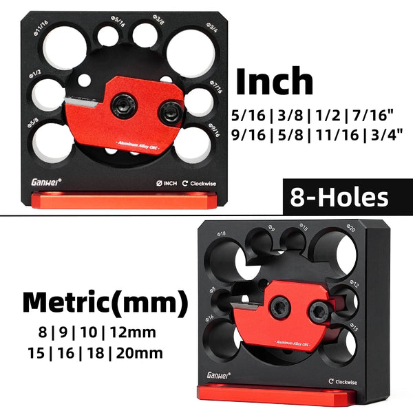 A black 8-hole dowel maker jig with red carbide blades and an inch/metric size guide for woodworking