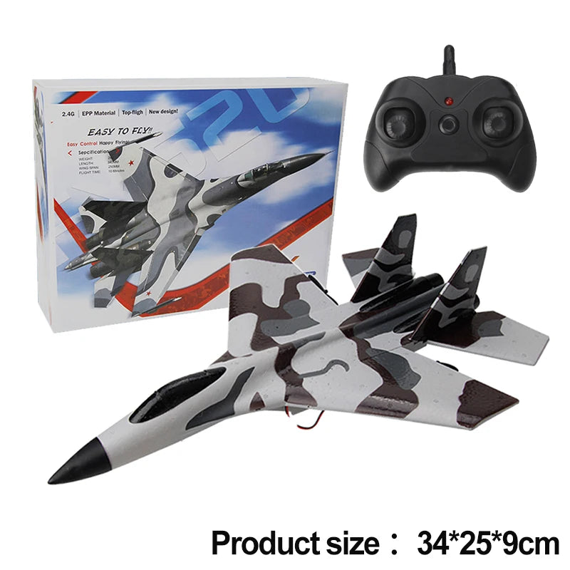 A black remote control fighter plane model made of EPP foam glider is shown alongside its box.