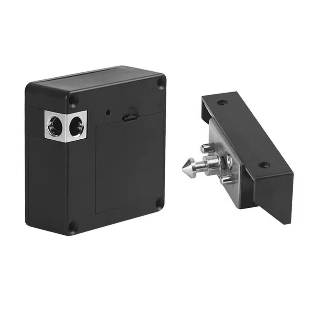 A black keyless IC card smart drawer lock mechanism for wooden cabinets.