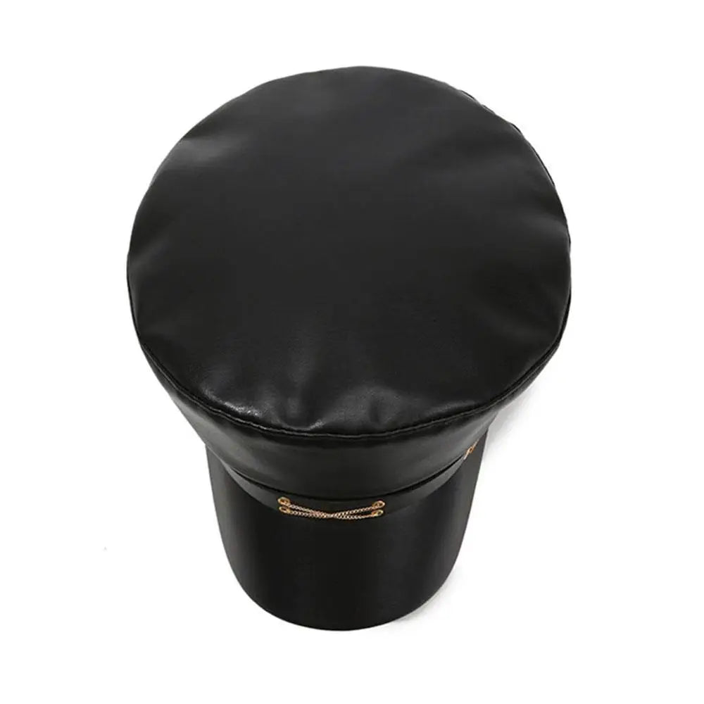 A black PU leather beret hat with an adjustable fit, shown from above.