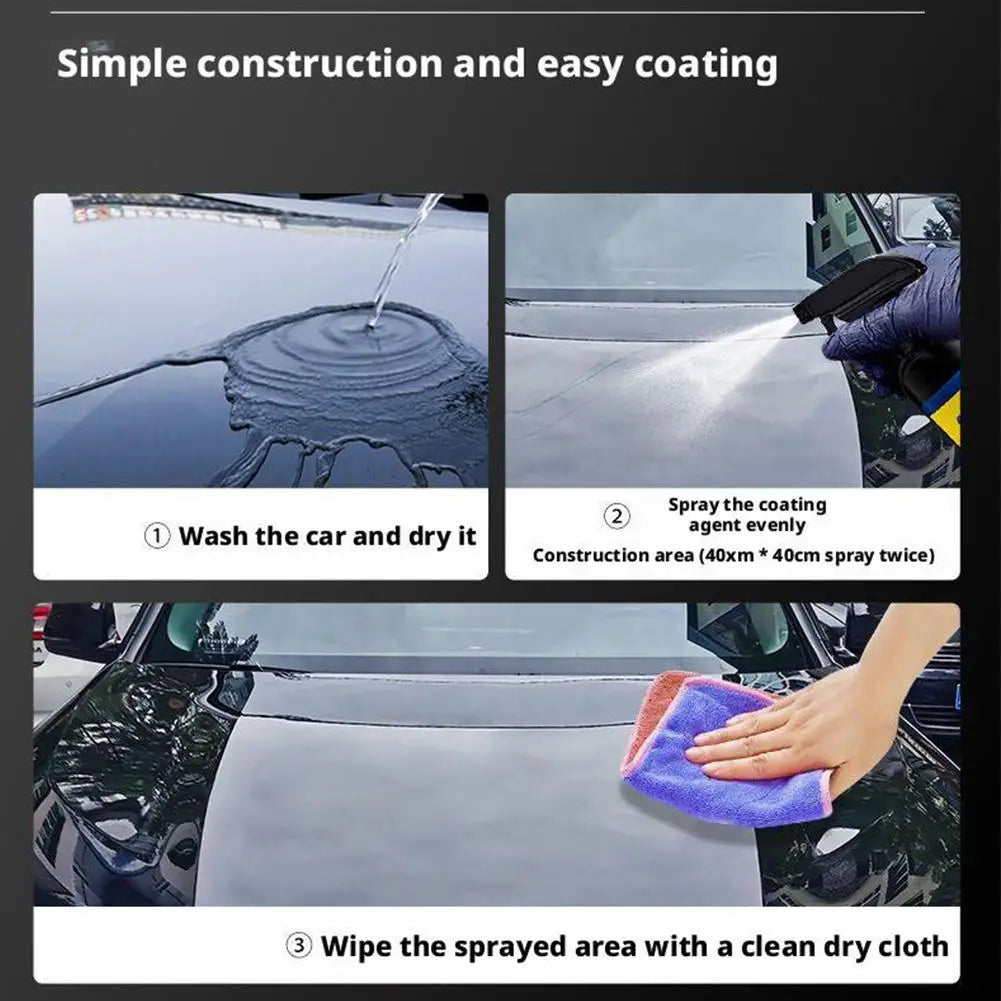 Processus en trois étapes pour le revêtement auto : lavage, pulvérisation du produit, essuyage avec un chiffon sec.