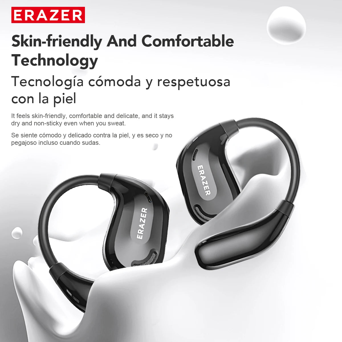 Et par svarte ERAZER trådløse Bluetooth-øreplugger på en hvit overflate.