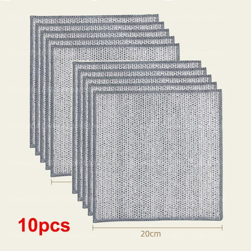 A stack of ten gray scratch-free microfiber cleaning cloths, rectangular in shape and measuring 20cm long.