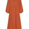 A rust orange women's cotton-linen blend dress with a V-neck and bell sleeves.