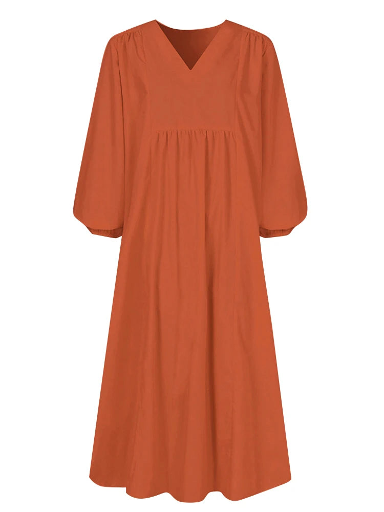 A rust orange women's cotton-linen blend dress with a V-neck and bell sleeves.