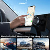 A hand holds a phone mounted on a rock-solid magnetic holder inside a car, demonstrating its use for driving.