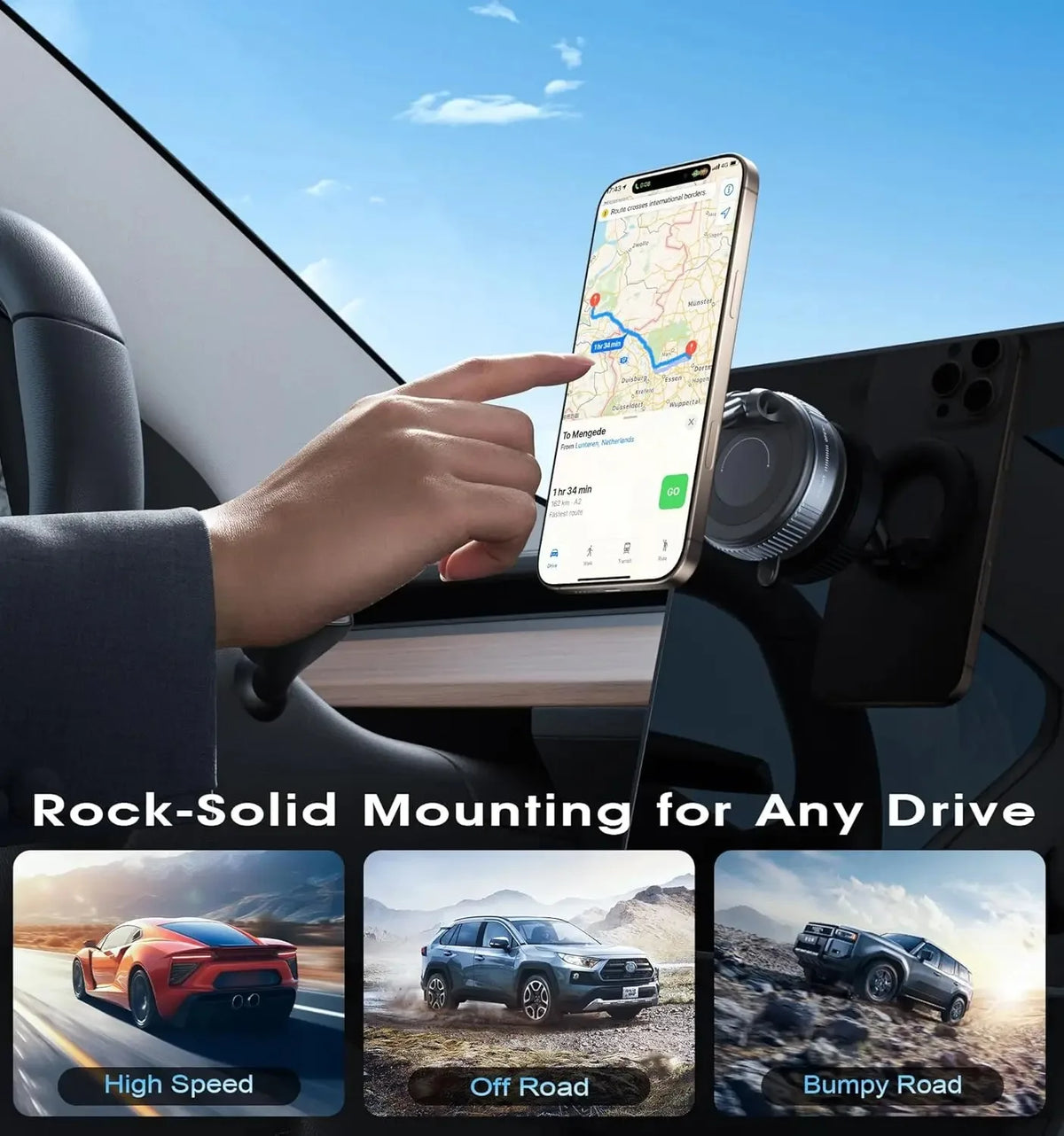 A hand holds a phone mounted on a rock-solid magnetic holder inside a car, demonstrating its use for driving.