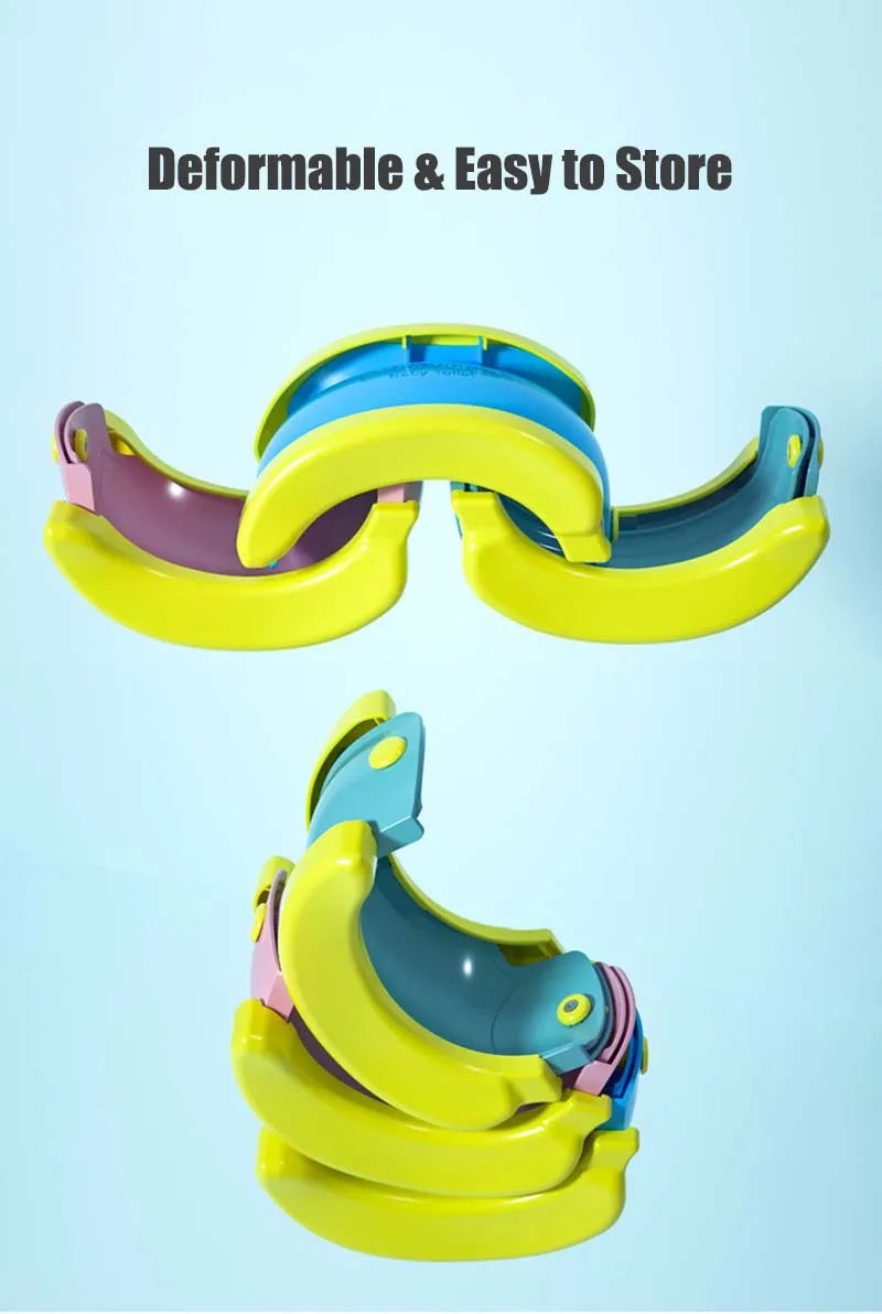 A yellow and purple foldable potty for kids shown in two views, demonstrating its deformable and easy to store features.