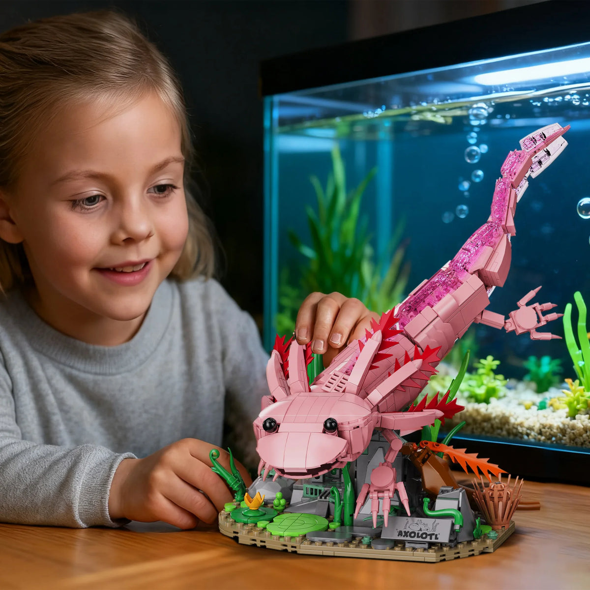 A young girl is interacting with a pink dinosaur sculpture building block set in an aquarium display.