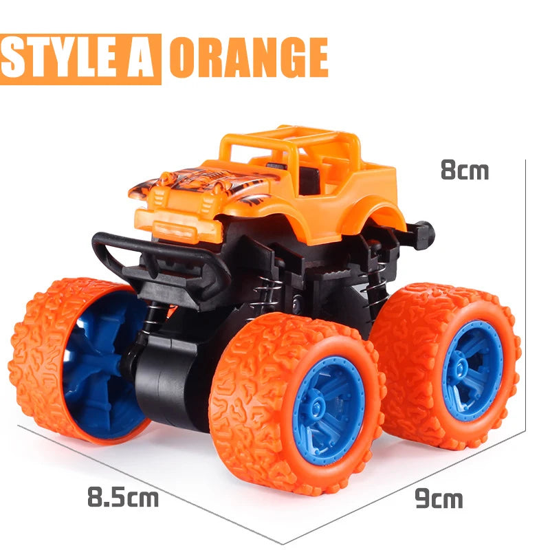 An orange pull-back stunt SUV toy car with black and orange details shown from the side.