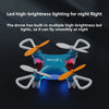 A blue mini pocket drone with orange propellers is shown against a dark background.