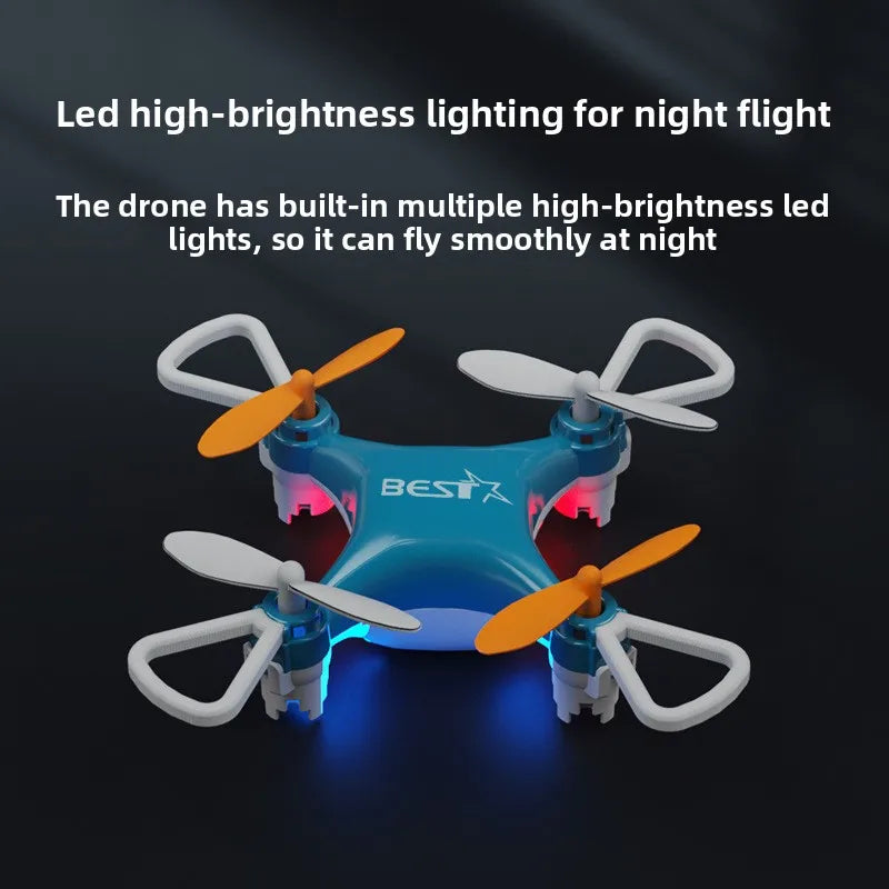 A blue mini pocket drone with orange propellers is shown against a dark background.