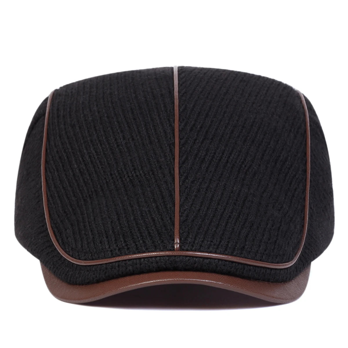Black knit newsboy cap with a brown band and a vertical seam.