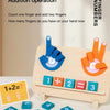 A wooden finger counting toy demonstrating addition operation where one finger and two fingers are added together.