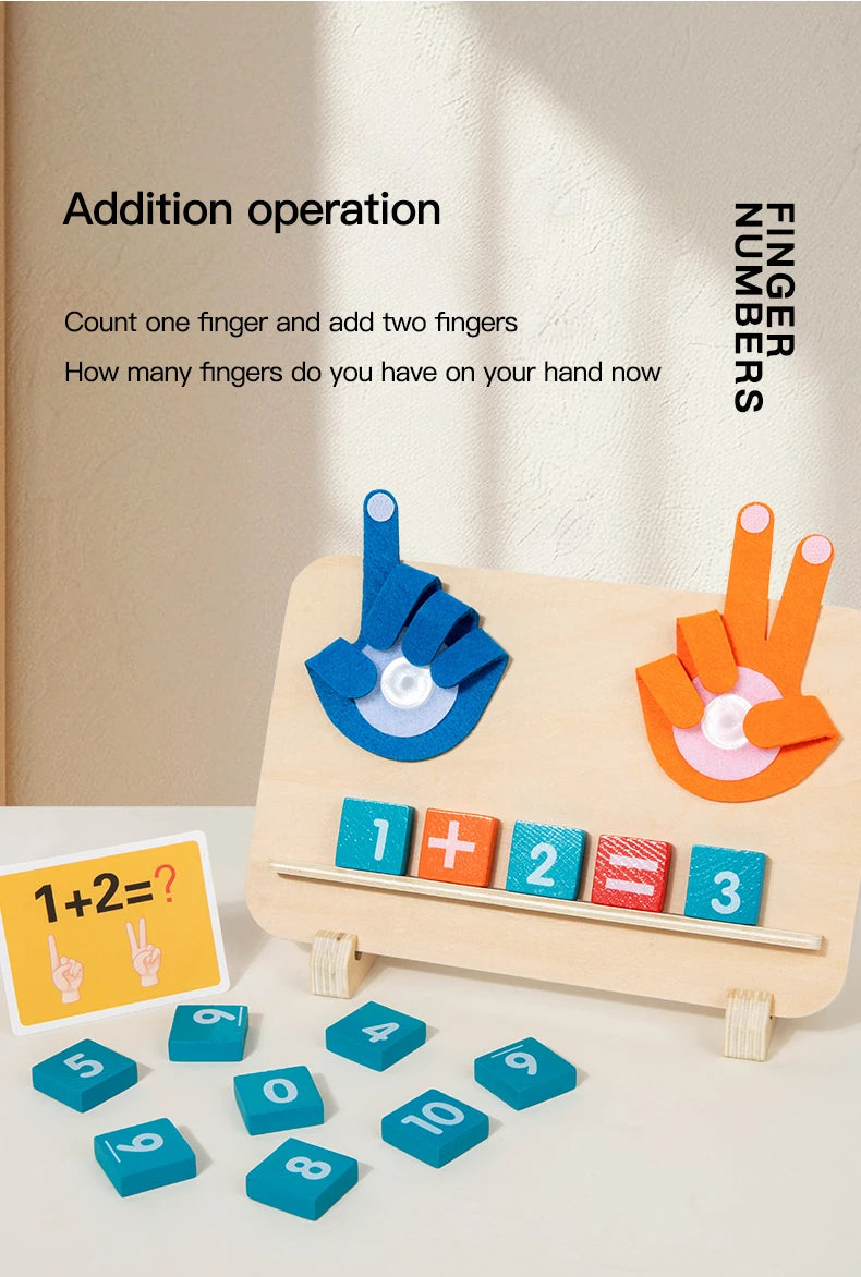 A wooden finger counting toy demonstrating addition operation where one finger and two fingers are added together.