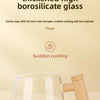 A clear glass mug with a wooden handle, demonstrating upgraded and thickened borosilicate glass.
