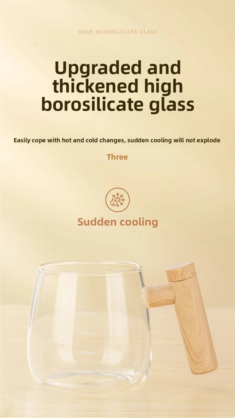 A clear glass mug with a wooden handle, demonstrating upgraded and thickened borosilicate glass.
