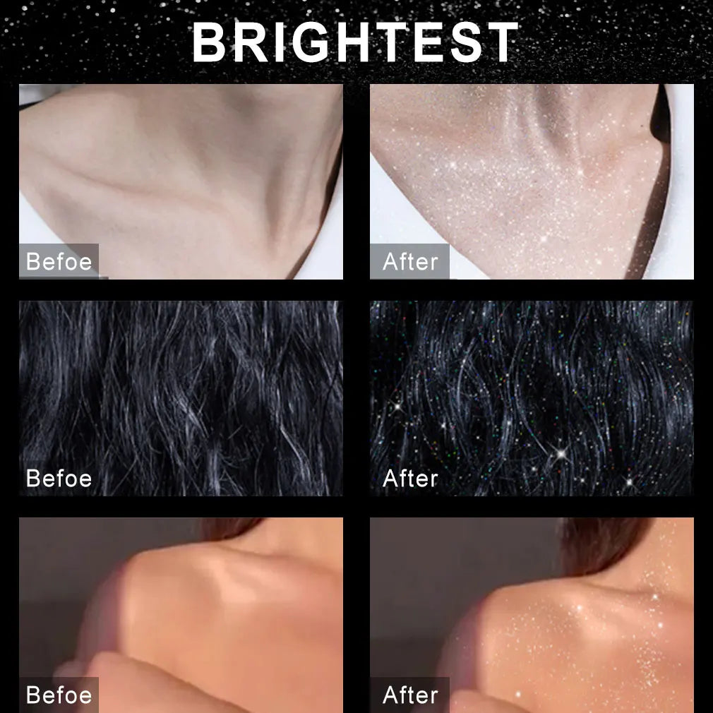Comparación antes y después mostrando el efecto del spray de purpurina brillante en piel y cabello.