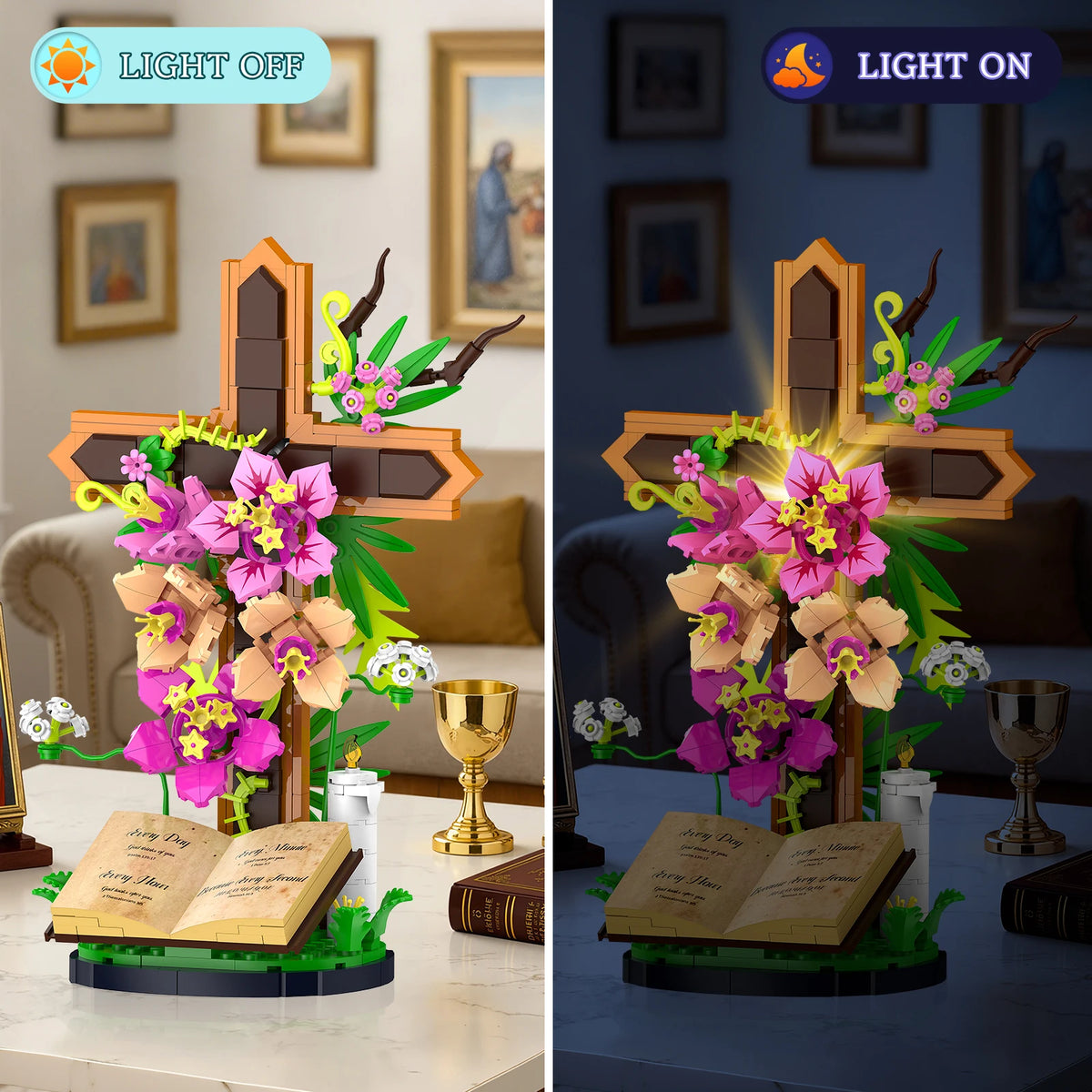 A building set featuring a wooden cross with pink and yellow flowers, displayed next to a book.