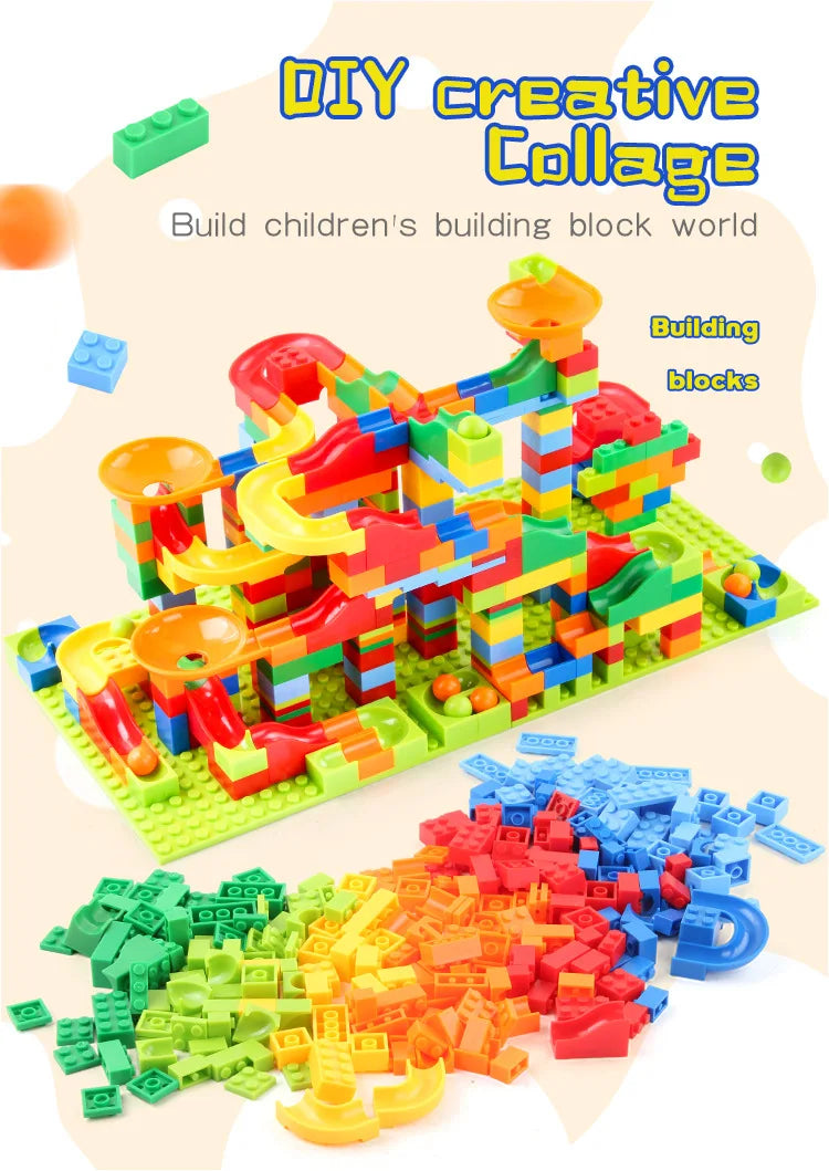 A colorful set of building blocks featuring funnel slides and various shapes for creative construction.