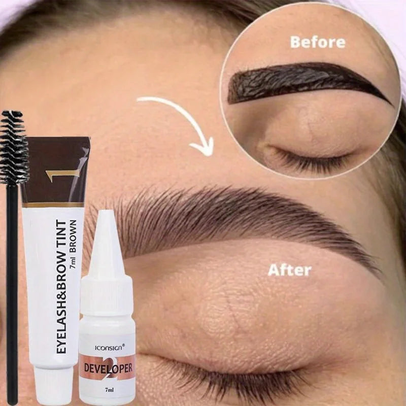 A before and after comparison showing eyebrow and eyelash tinting using an Iconsign Developer kit.