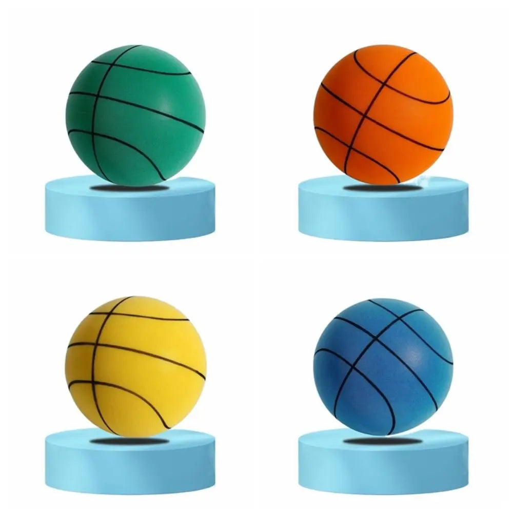 Four colored training basketballs, green, orange, yellow, and blue, displayed on light blue circular bases.