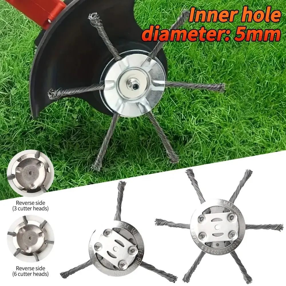A close-up view of a 5mm inner hole diameter steel wire brush trimmer head with multiple wires and a mounting plate.