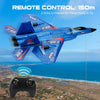 A blue SU-27 foam airplane is shown flying over a coastal landscape with a remote control controller below.