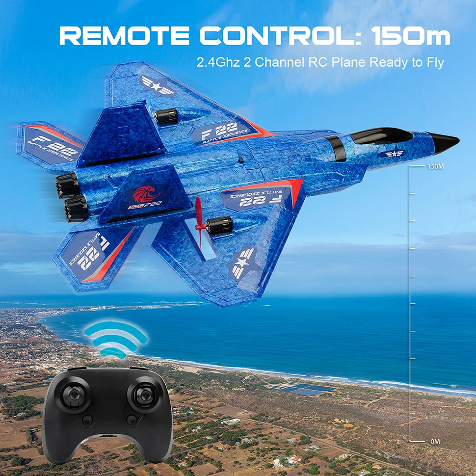 A blue SU-27 foam airplane is shown flying over a coastal landscape with a remote control controller below.