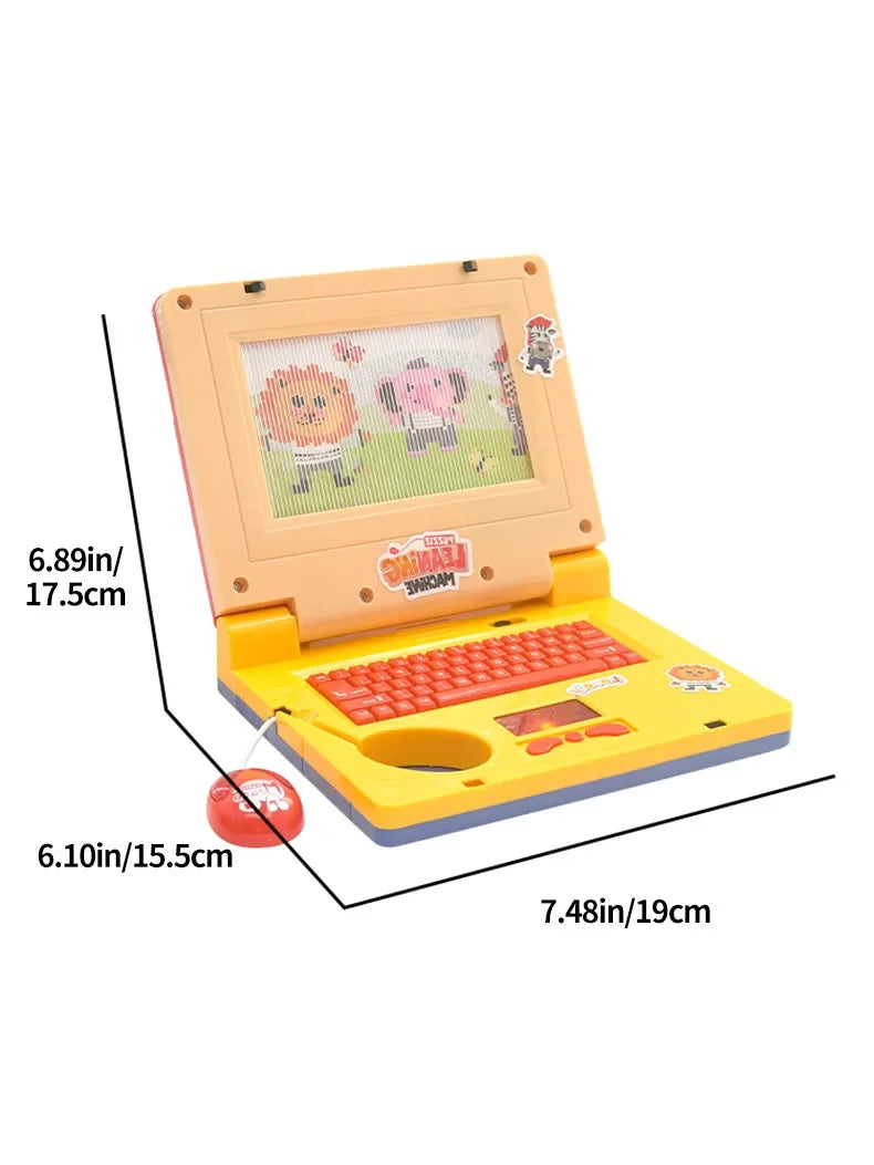 A yellow kids interactive learning laptop toy featuring a screen, keyboard, and light/sound features.
