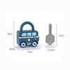 A blue car-shaped puzzle lock toy with a key for kids, shown with dimensions.