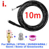 Black 10m high-pressure sewer jetting hose kit with a rotating nozzle and fittings for various brands.