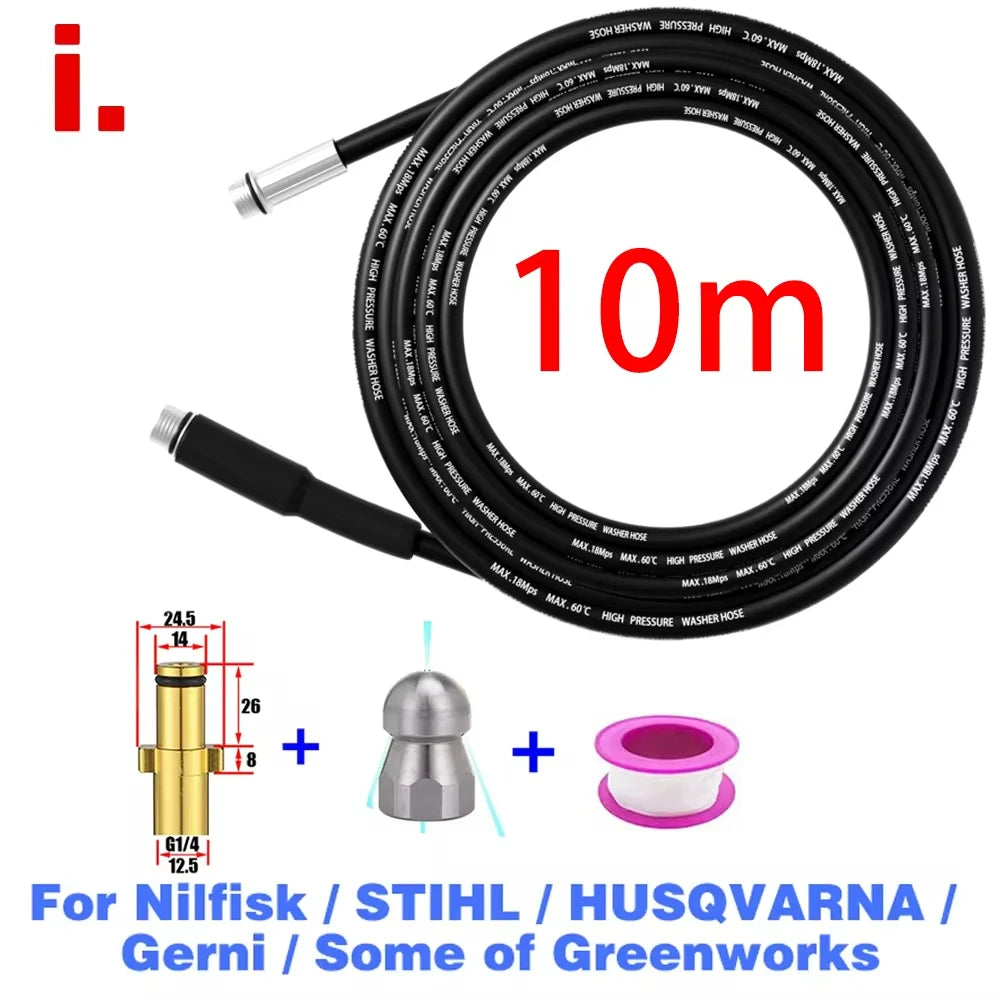 Black 10m high-pressure sewer jetting hose kit with a rotating nozzle and fittings for various brands.