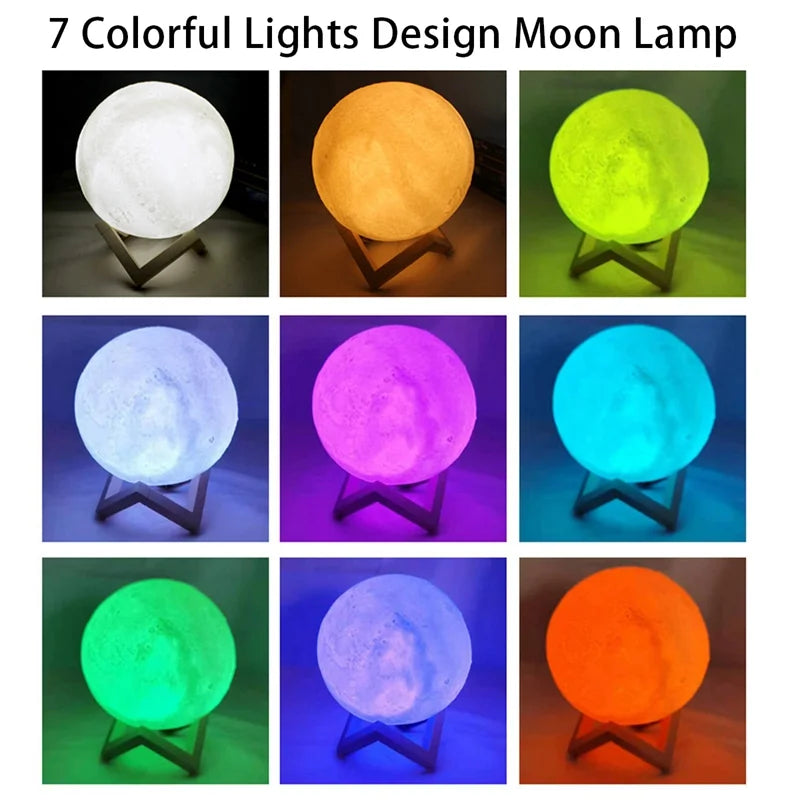 Seven colorful lights design moon lamps displayed in various colors and angles.