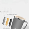 A gray insulated travel mug with a handle, showing its PP material outer layer and 304 stainless steel inner liner.
